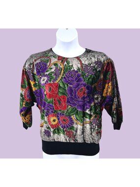 VINTAGE WESTERN CONNECTION VELOUR FLORAL GOLD GLITTER ACCENT DOLMAN SLEEVE TOP -